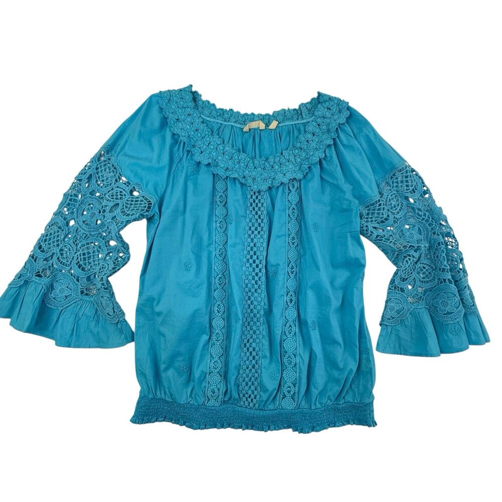 Soft Surroundings Turquoise Teal Crochet Lace Bell-Sleeve Top Size L Large